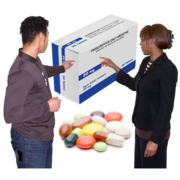 Two people pointing at a box of tablets