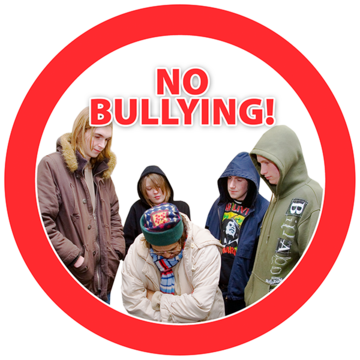 a red circle around a picture of a woman being bullied with the word NO BULLYING written over it