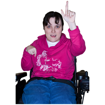 A woman in a wheelchair holding her hand up to ask a question