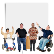 Four disabled people cheering in front of a sign