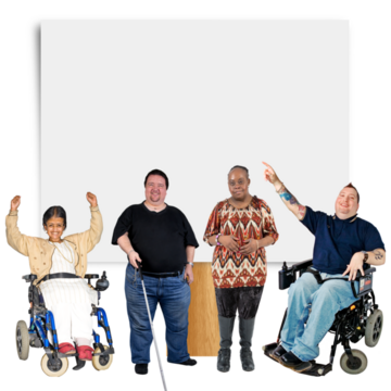 a group of people with disabilities standing in front of a sign 