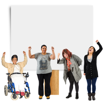Four people with disabilities cheering in front of a sign