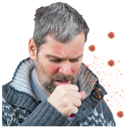 The head and shoulders of a man who is coughing into his hand with coronavirus germs around his head