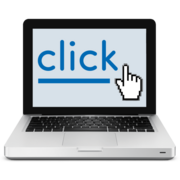 a laptop showing a screen which says 'Click'