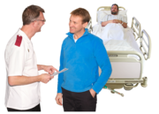 A nurse talking to a smiling friend of a man who is in a hospital bed behind them listening to their conversation