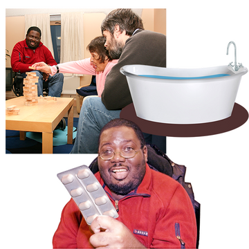 Images of a group of friends playing a game, a white bath, and a man holding a pack of medication.