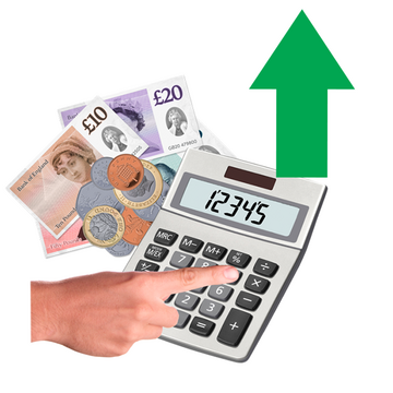 A hand presses a button an a calculator, in front of some money and a green arrow pointing up.