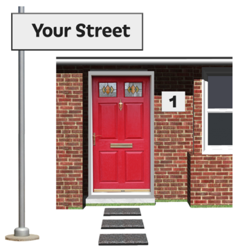A picture of a front door and a street sign