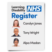 Picture of the front cover of a Learning Disability Register NHS poster with the names and pictures of 3 people underneath it.