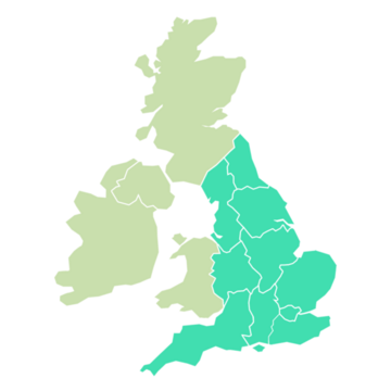 A map of the UK with the counties in England highlighted