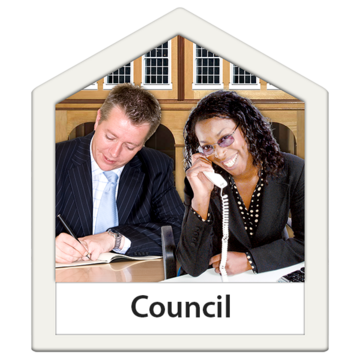 Two people at a desk. One is writing and the other is on the telephone. Underneath their picture is the word Council