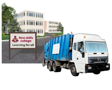 A photograph of a college building and a bin lorry