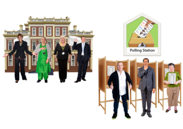 A picture of four councillors outside a council building and a picture of three people at voting booths under a polling station sign