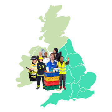A map of the UK with England highlighted. Next to England is a group of different government workers