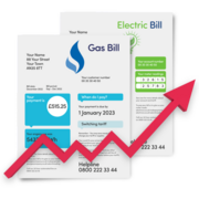 A gas and an electricity bill with a red arrow to show the price going up.