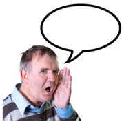 A man shouting with his hand to his mouth and a speech bubble over his head.