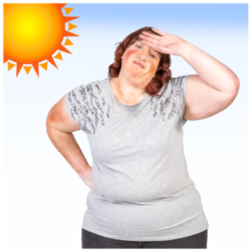 A woman holds her hand to her head. She looks hot and there is a graphic of the sun above her.