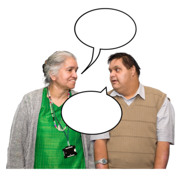 Two people talking with speech bubbles coming from their mouths