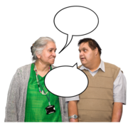 Two people talking with speech bubbles coming from their mouths