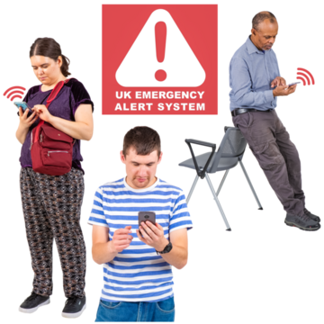 A group of people look at their mobile phones. Behind them is a red box with a triangle warning symbol with text that reads UK Emergency Alert System