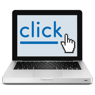 A laptop screen showing the word 'click'.