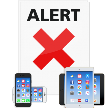 Images of mobile phones and tablets with a large red cross and the word ALERT behind them.