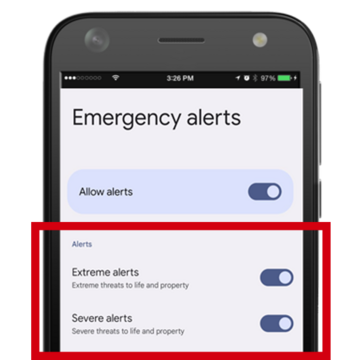 Close up of a mobile phone screen with a red box around emergency alert settings