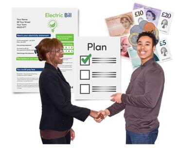 A lady and a man shaking hands with a plan between them. Behind the lady is an electric bill.  Behind the man is some money.
