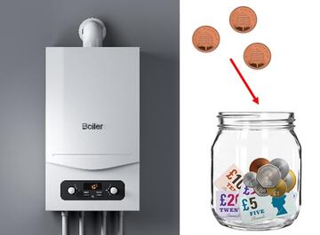 A boiler and a pot of money with some pennies going into the pot.