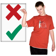 A man points at a red cross on a board, with a green tick below it.