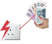 a hand holding some money with an arrow towards an electricity socket.
