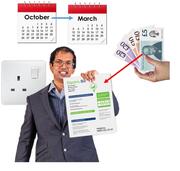 A man holding an electricity bill.  Above the man is some money.  There is an arrow from the money to the electricity bill. Above the man are the calendar months October and March.