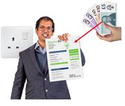 A man holding an electricity bill.  Above the man is some money.  There is an arrow from the money to the electricity bill.