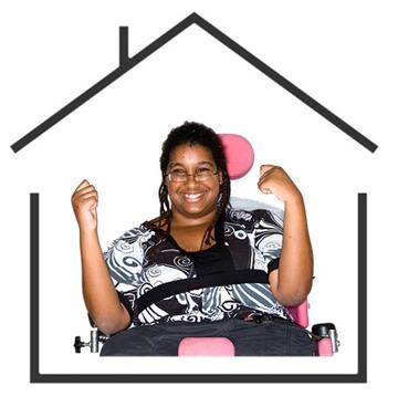 a lady in a wheelchair smiling inside an outline of a house.