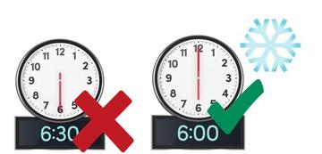 A clock showing half past 6 with a cross beside it.  a clock showing 6 o'clock with a snowflake and a tick beside it.