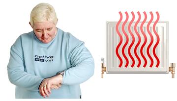 A woman looking at her watch.  Behind her is a radiator with heat coming from it.