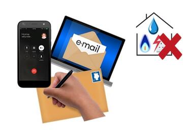 A phone, a hand writing an address on an envelope and an email.  Behind them is an outline of a house with a gas flame, a water drop and an electric socket inside and a red cross beside the house.