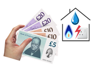 A hand with some pound notes in it. Behind the hand is an outline of a house with a gas flame, a water drop and an electric socket inside.