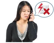 A lady talking on the phone.  Beside her is a speech bubble with an electric socket and a red cross beside it.