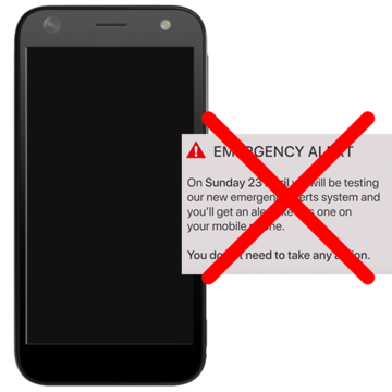 A switched off mobile phone with a red cross over an emergency alert message
