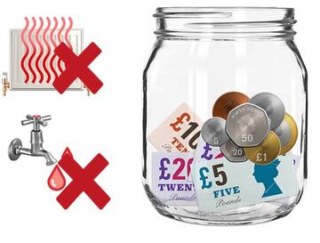 a jar with money in it.  Beside the jar is a radiator with a cross beside it and a hot water tap with a cross beside it.