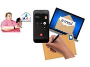 a mobile phone, an email and a hand writing an address on an envelope.  Behind them is a lady with no money and an outline of a house with a gas flame, a water drop and an electric socket inside.