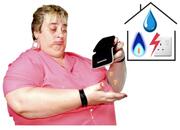 A lady holding a purse which only has a couple of pennies in it.  Behind her is an outline of a house with a gas flame, a water drop and an electric socket inside.
