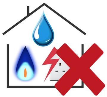 An outline of a house with a gas flame, water drop and electric socket inside.  Beside the house is a red cross.