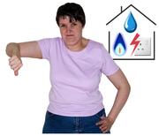 A lady with her thumb pointing down.  Behind her is an outline of a house with a gas flame, drop of water and an electric socket inside.