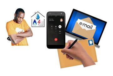 a phone, an email and a hand writing an address on an envelope.  Behind them is a man with his arms crossed looking unhappy.  Behind him is an outline of a house with a gas flame, a water drop and electric socket inside.