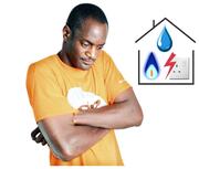A man with his arms crossed looking unhappy.  Behind the man is an outline of a house with a gas flame, a water drop and electric socket inside.