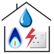 An outline of a house, with a gas flame, a water drop and an electric socket inside it.