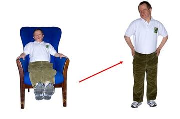 A man sitting in a chair with a red arrow pointing to the same man standing up.