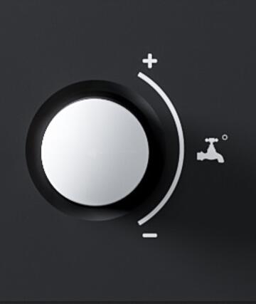 a dial with a picture of a tap and a plus and a minus sign